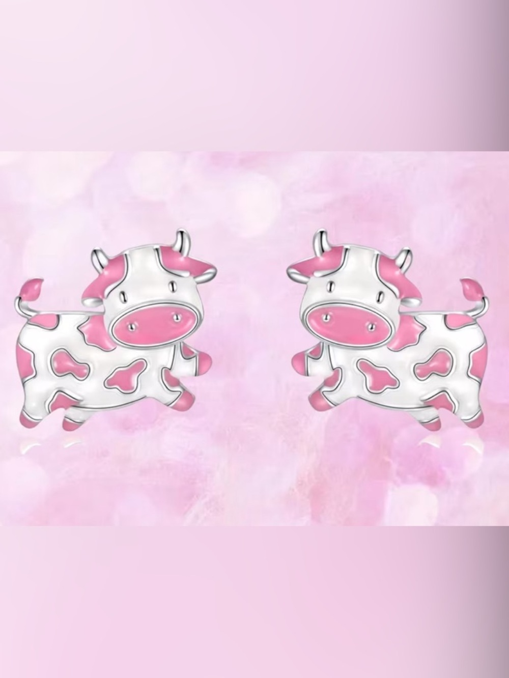 Pink Cow Enamel Stud Earrings - Picture 3 of 3